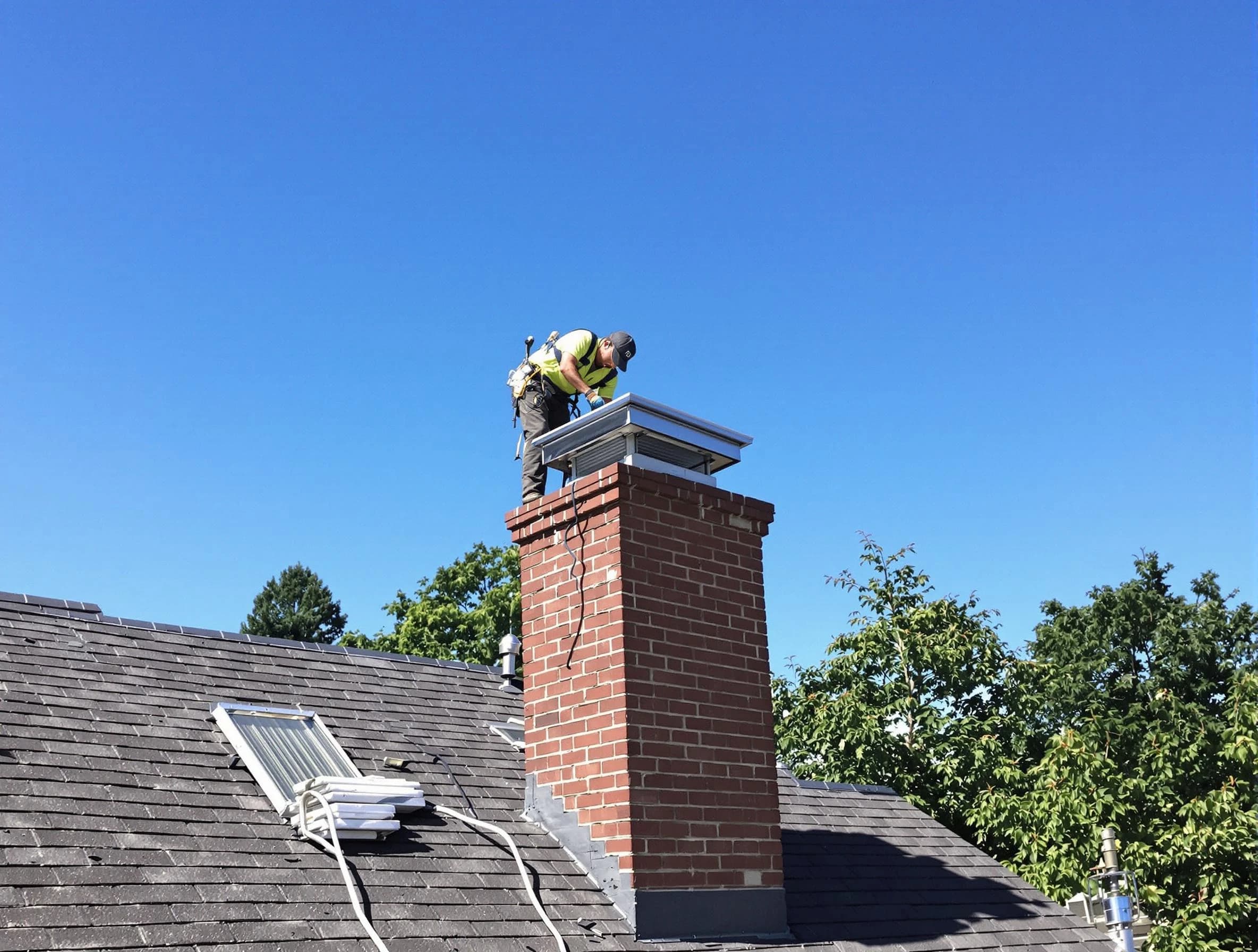 Stoughton Chimney Sweep technician measuring a chimney cap in Stoughton, MA
