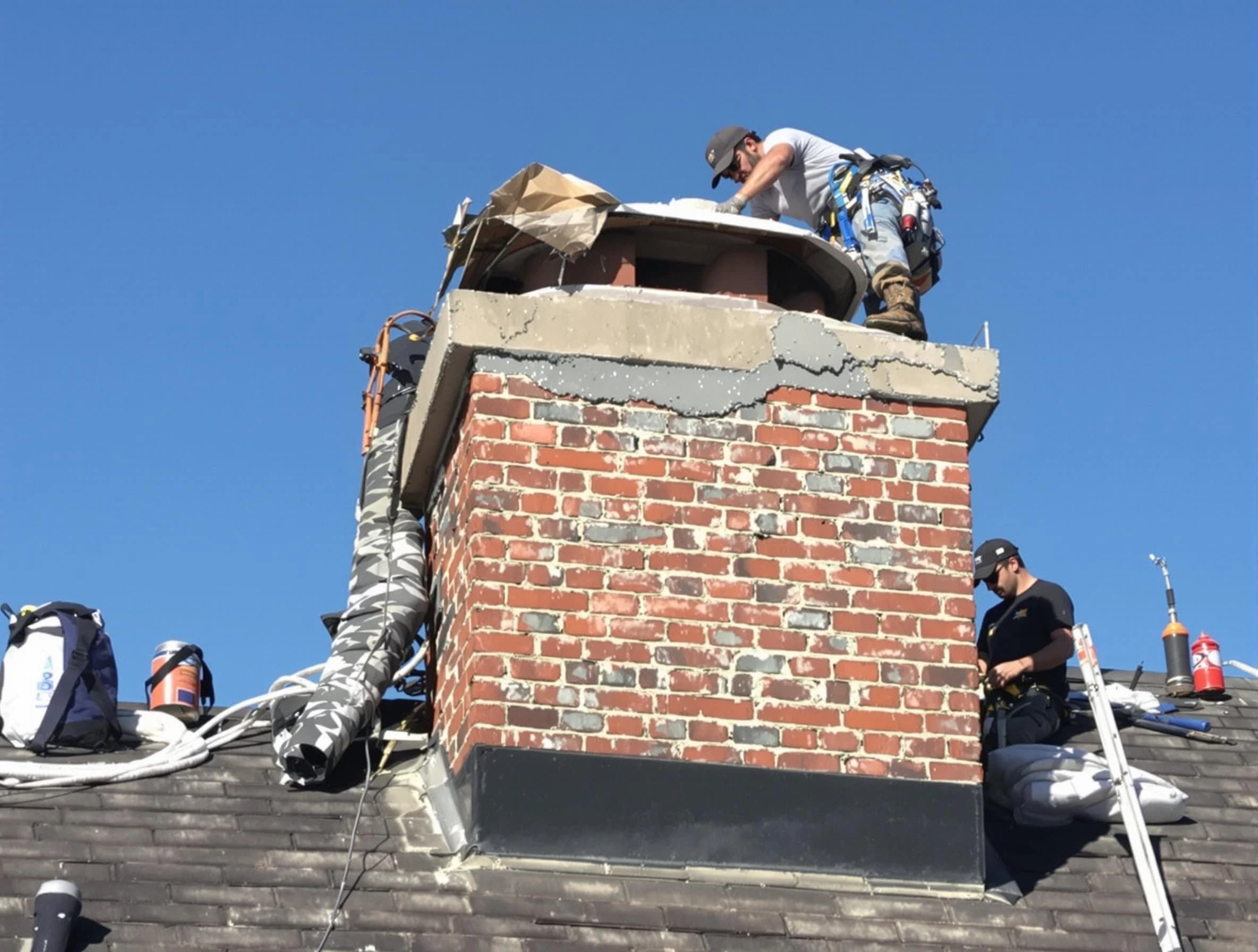 Stoughton Chimney Sweep installing a custom chimney crown in Stoughton, MA