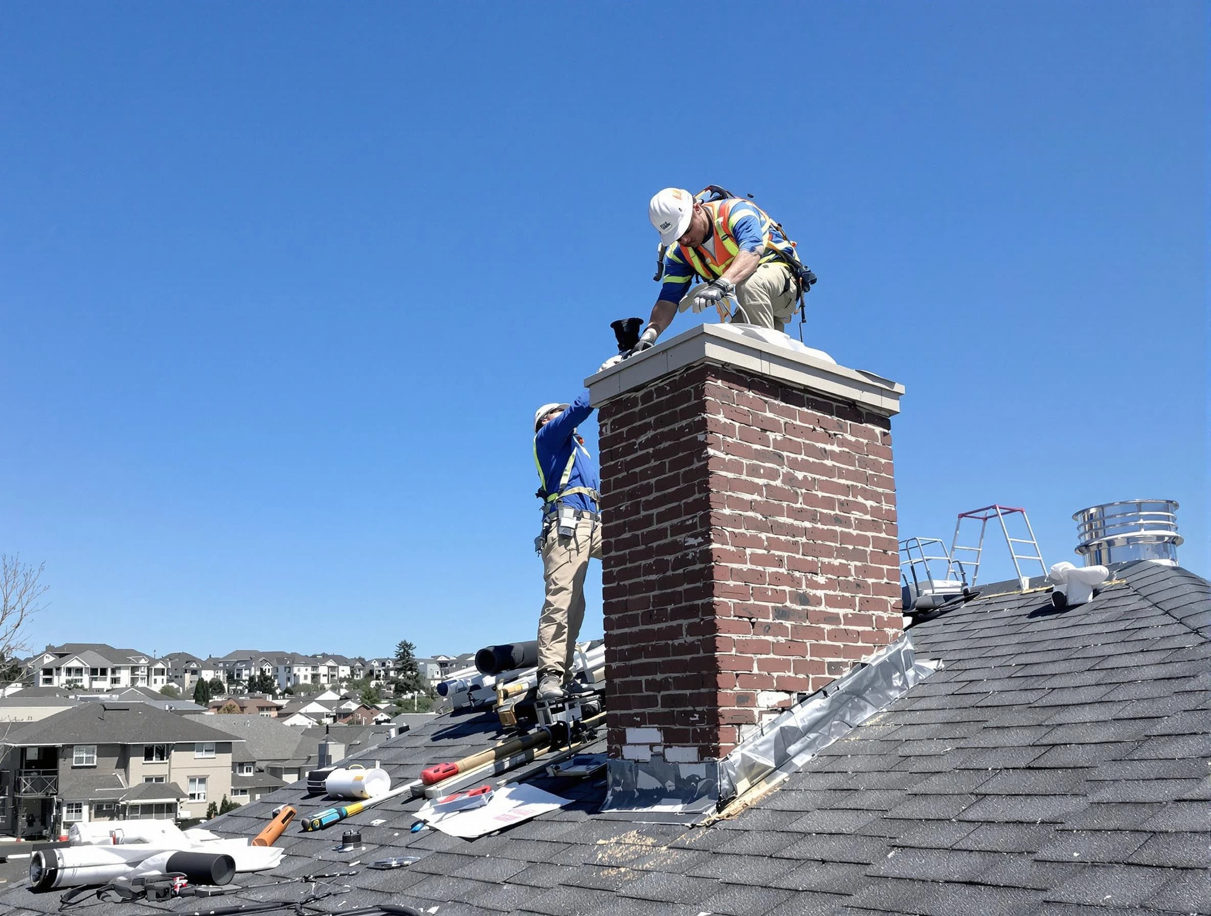 Stoughton Chimney Sweep repairing a chimney crown in Stoughton, MA