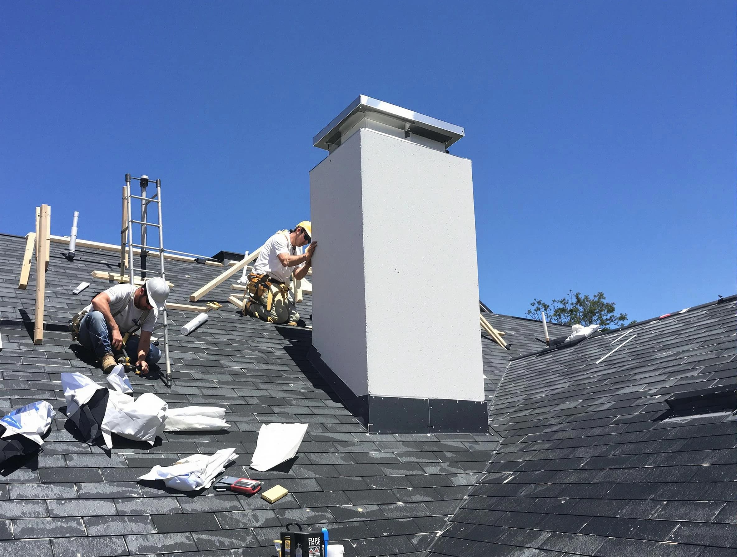 Stoughton Chimney Sweep crew installing a new chimney in Stoughton, MA