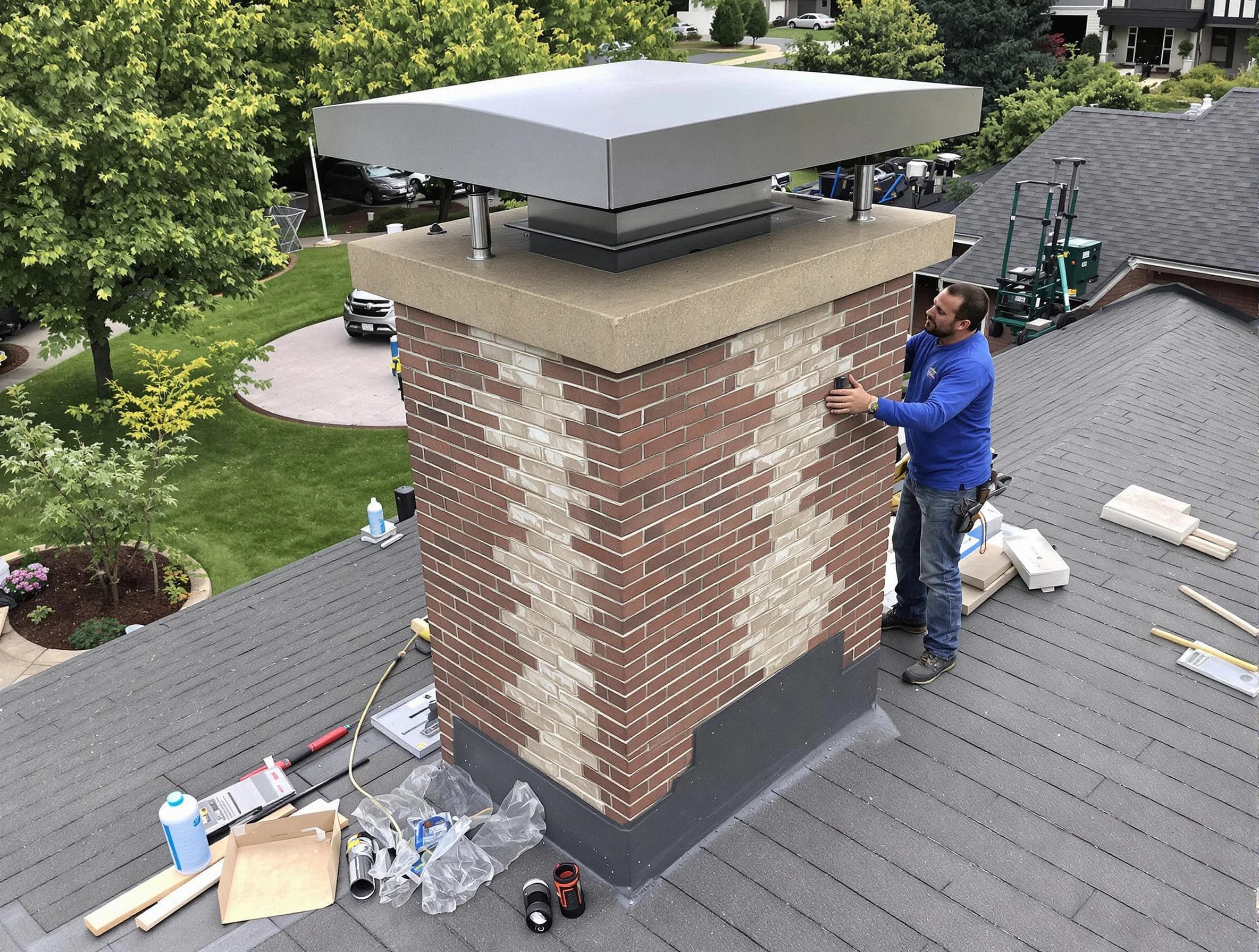 Stoughton Chimney Sweep team working on a custom chimney remodel in Stoughton, MA